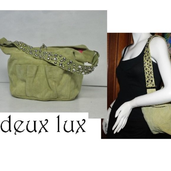 Never Carried Deux Lux Genuine Suede Leather Crystal Rhinestone Strap Hobo Bag - Picture 3 of 12